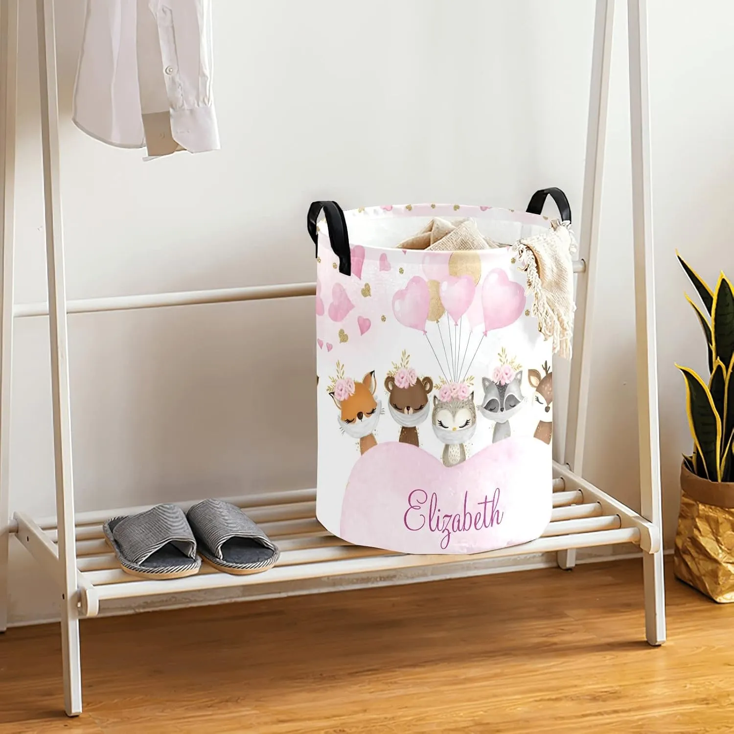 Pink Balloon Woodland Animals Personalized Waterproof Foldable Laundry Basket Bag with Handle, Custom Collapsible Clothes Hamper Storage Bin for Toys Laundry Dorm Travel Bathroom