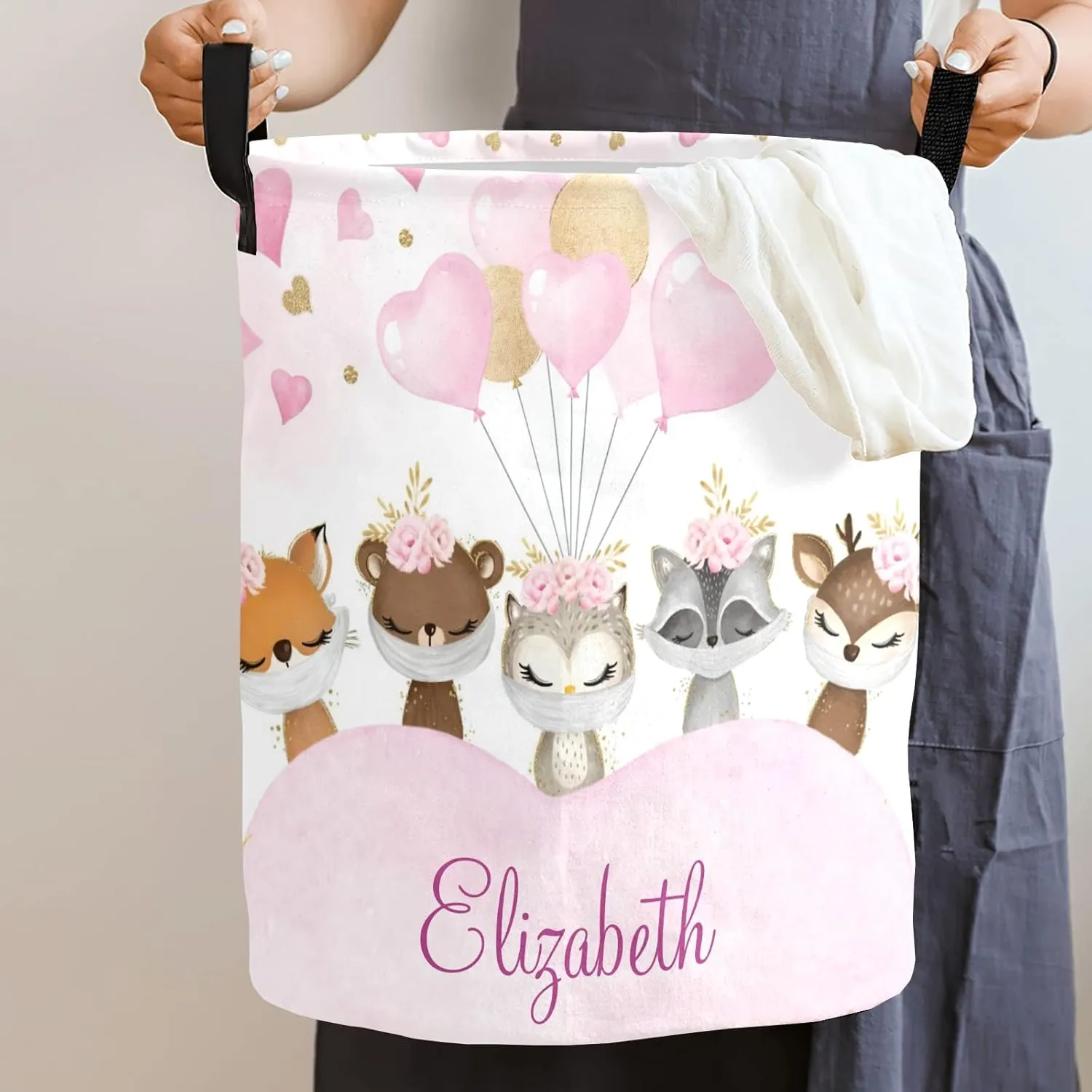 Pink Balloon Woodland Animals Personalized Waterproof Foldable Laundry Basket Bag with Handle, Custom Collapsible Clothes Hamper Storage Bin for Toys Laundry Dorm Travel Bathroom