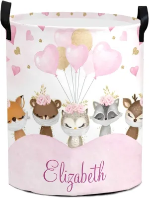 Pink Balloon Woodland Animals Personalized Waterproof Foldable Laundry Basket Bag with Handle, Custom Collapsible Clothes Hamper Storage Bin for Toys Laundry Dorm Travel Bathroom