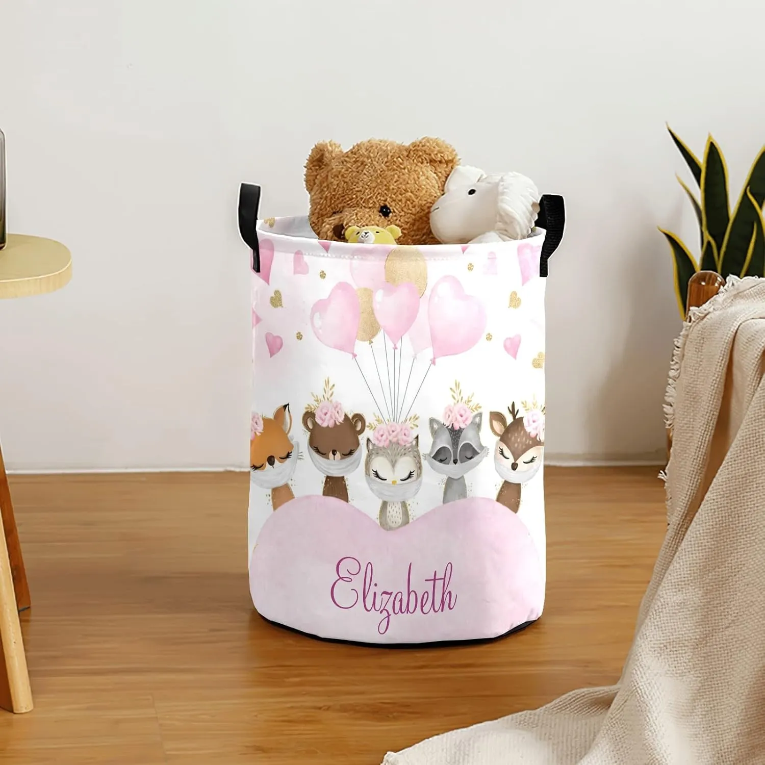 Pink Balloon Woodland Animals Personalized Waterproof Foldable Laundry Basket Bag with Handle, Custom Collapsible Clothes Hamper Storage Bin for Toys Laundry Dorm Travel Bathroom
