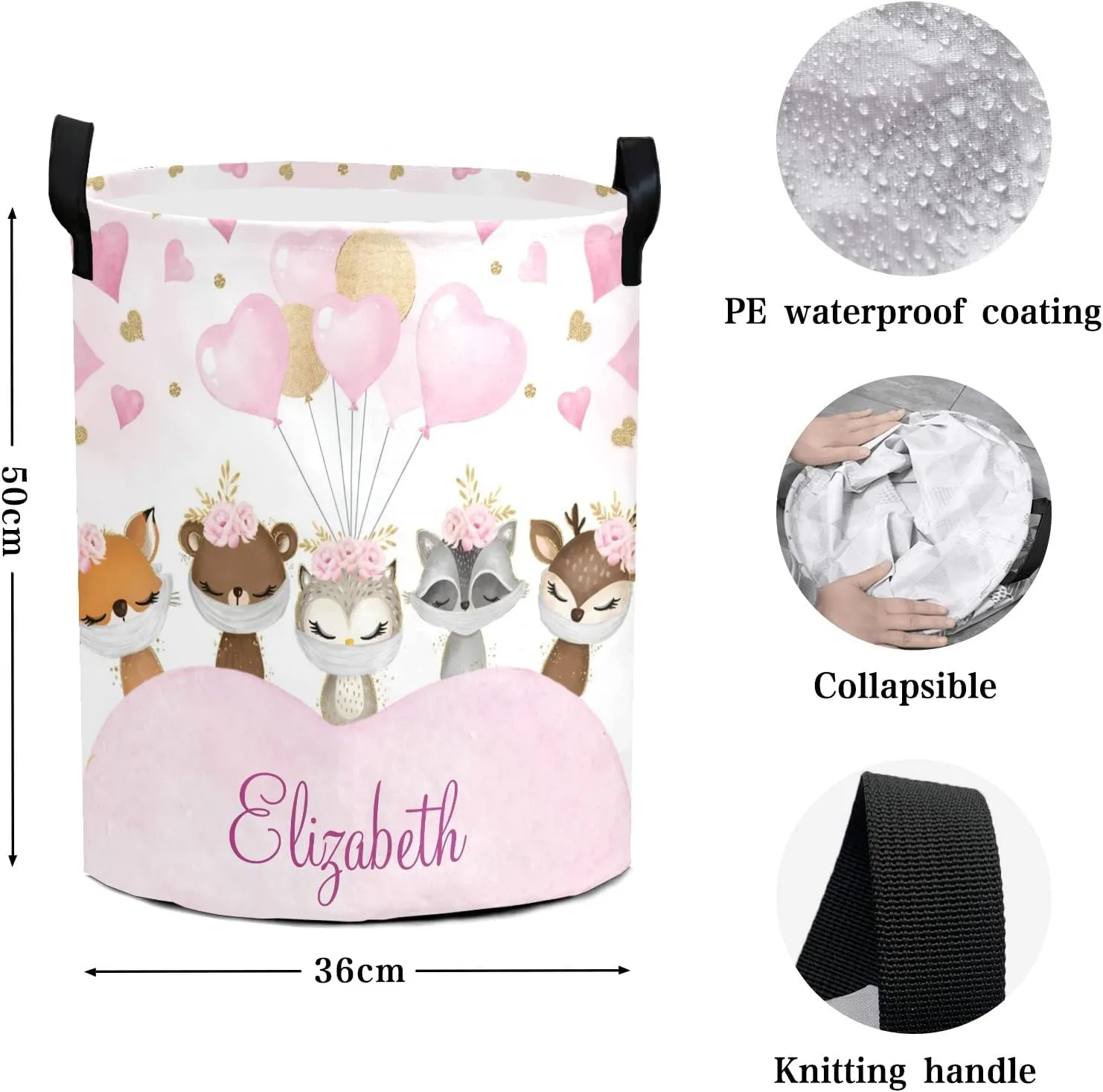 Pink Balloon Woodland Animals Personalized Waterproof Foldable Laundry Basket Bag with Handle, Custom Collapsible Clothes Hamper Storage Bin for Toys Laundry Dorm Travel Bathroom