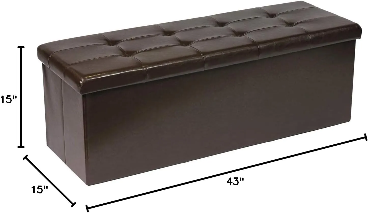 PINPLUS Folding Storage Ottoman Bench, Brown Faux Leather Long Storage Chest Footstool Seat, Storage Bench for Bedroom and Hallway, 43.3"x15.7"x15.7"