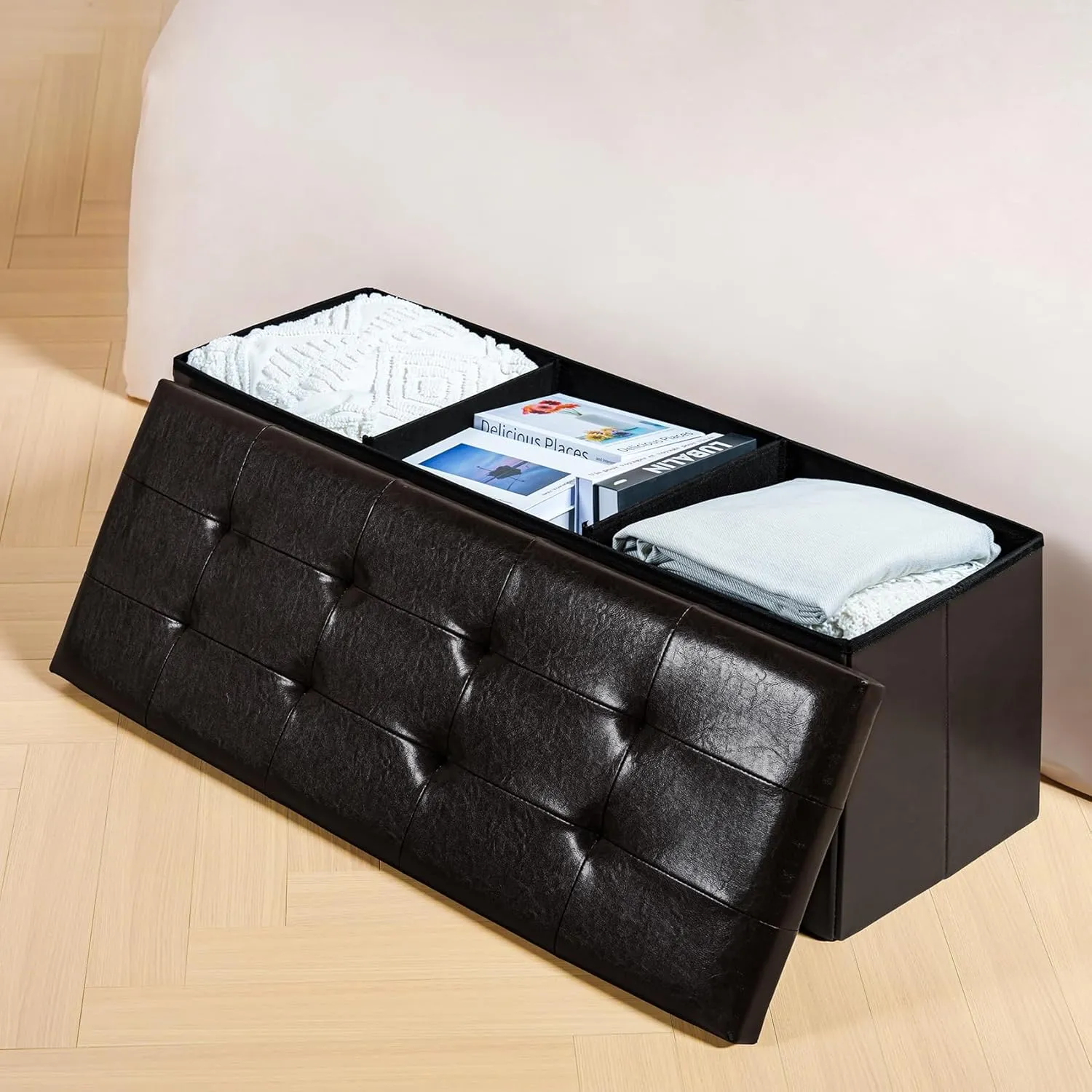 PINPLUS Folding Storage Ottoman Bench, Brown Faux Leather Long Storage Chest Footstool Seat, Storage Bench for Bedroom and Hallway, 43.3"x15.7"x15.7"