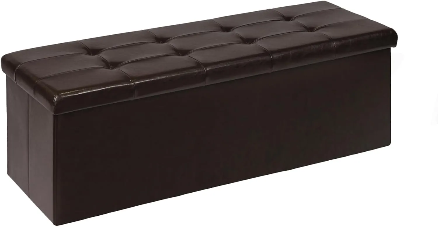 PINPLUS Folding Storage Ottoman Bench, Brown Faux Leather Long Storage Chest Footstool Seat, Storage Bench for Bedroom and Hallway, 43.3"x15.7"x15.7"