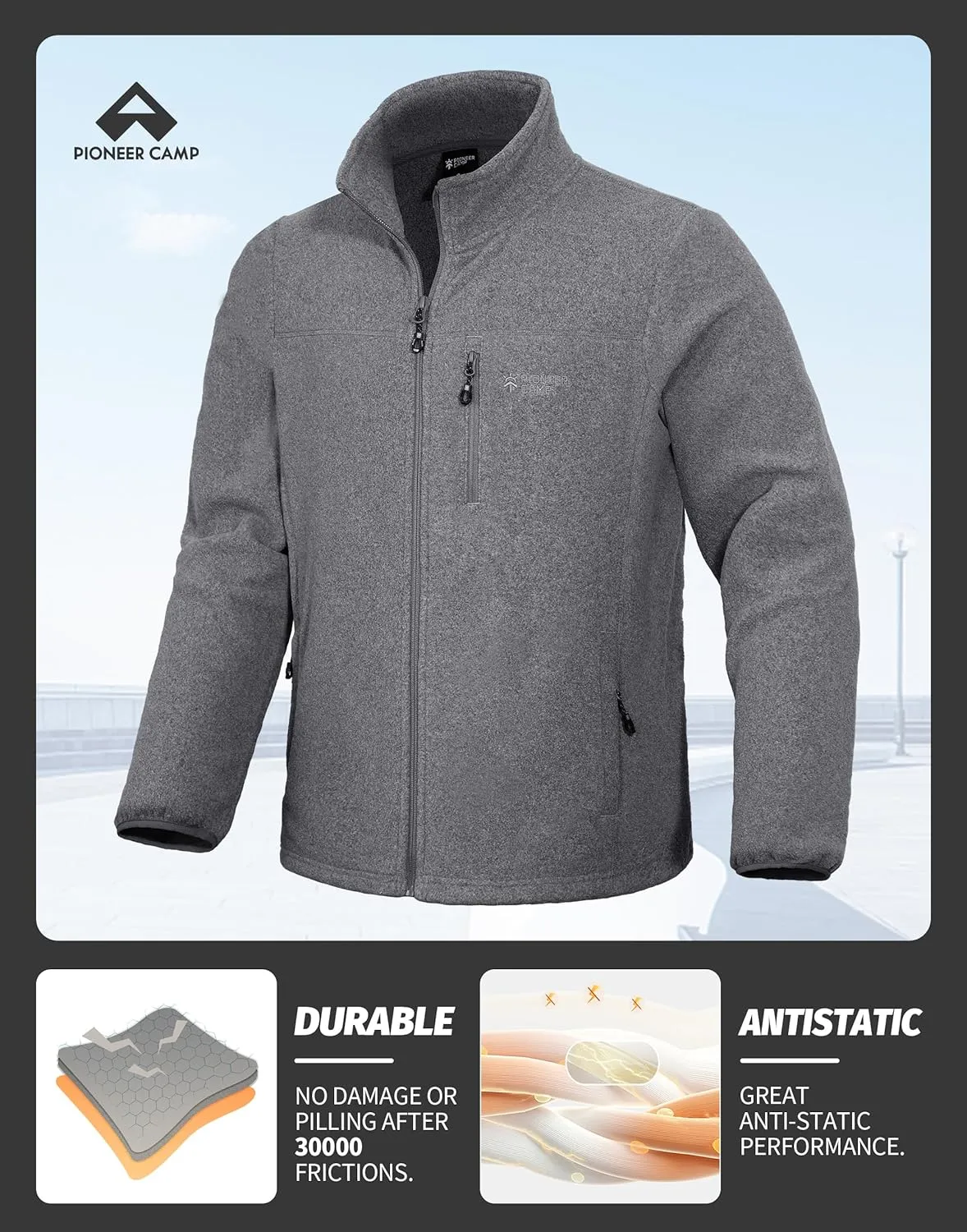 Pioneer Camp Men's Lightweight Polar Fleece Jacket Full Zip Antistatic Casual Coat Soft Warm Outwear with Zipper Pockets