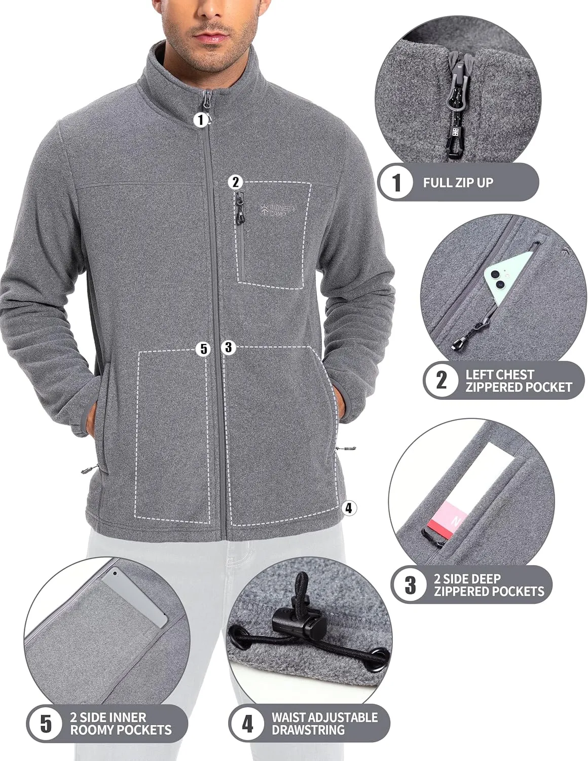 Pioneer Camp Men's Lightweight Polar Fleece Jacket Full Zip Antistatic Casual Coat Soft Warm Outwear with Zipper Pockets
