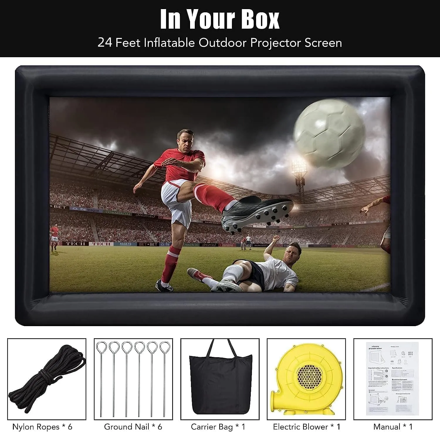 PioneerWorks Inflatable Projector Screen, 24FT Portable Blow Up Outside Projector Screen, Front & Rear Projection, with Rope, Air Blower, Ground Nails and Carry Bag, for Theater, Football, Backyard