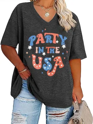 Plus Size V-Neck 4th of July T Shirt Women Distressed American Flag Graphic Tees Casual Loose Patriotic Shirts Tops