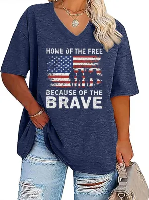 Plus Size V-Neck 4th of July T Shirt Women Distressed American Flag Graphic Tees Casual Loose Patriotic Shirts Tops