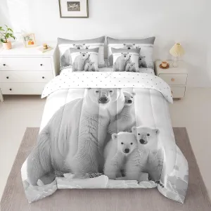 Polar Bear Family 7 Pcs Bedding Set Queen Size Soft Microfiber Reversible White and Gray Comforter Set with Sheets for Adult Kids Boys Girls Teens Polar Bear Bed in a Bag Arctic Scenery Bed Set