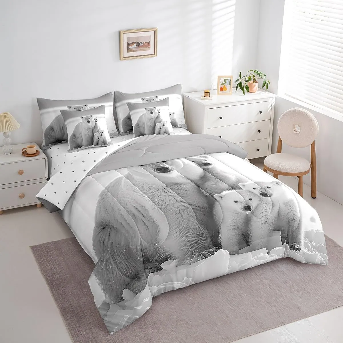 Polar Bear Family 7 Pcs Bedding Set Queen Size Soft Microfiber Reversible White and Gray Comforter Set with Sheets for Adult Kids Boys Girls Teens Polar Bear Bed in a Bag Arctic Scenery Bed Set