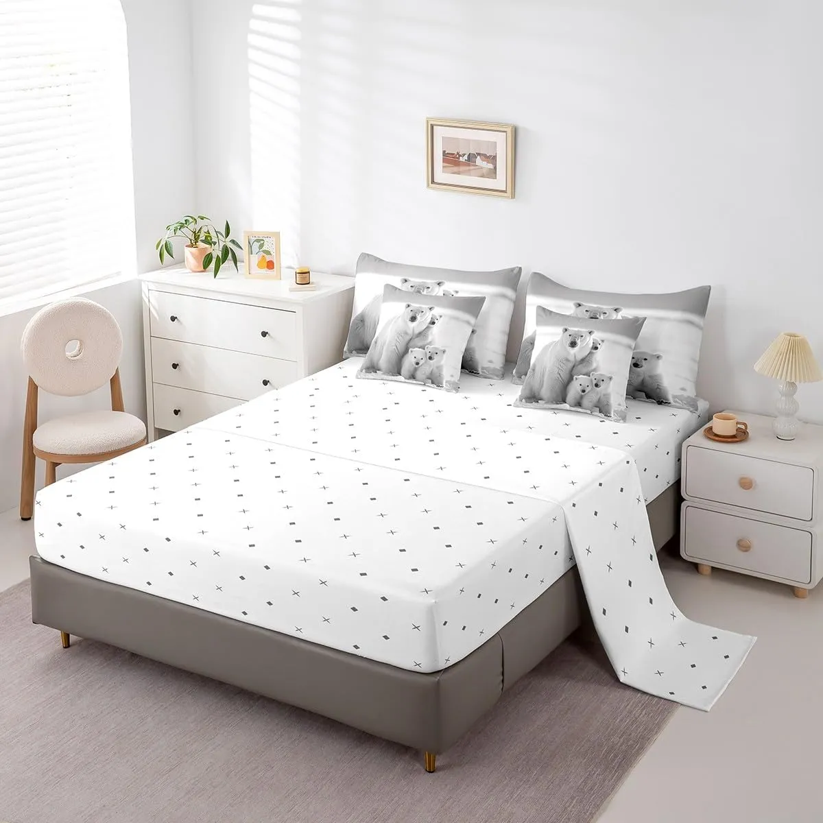 Polar Bear Family 7 Pcs Bedding Set Queen Size Soft Microfiber Reversible White and Gray Comforter Set with Sheets for Adult Kids Boys Girls Teens Polar Bear Bed in a Bag Arctic Scenery Bed Set
