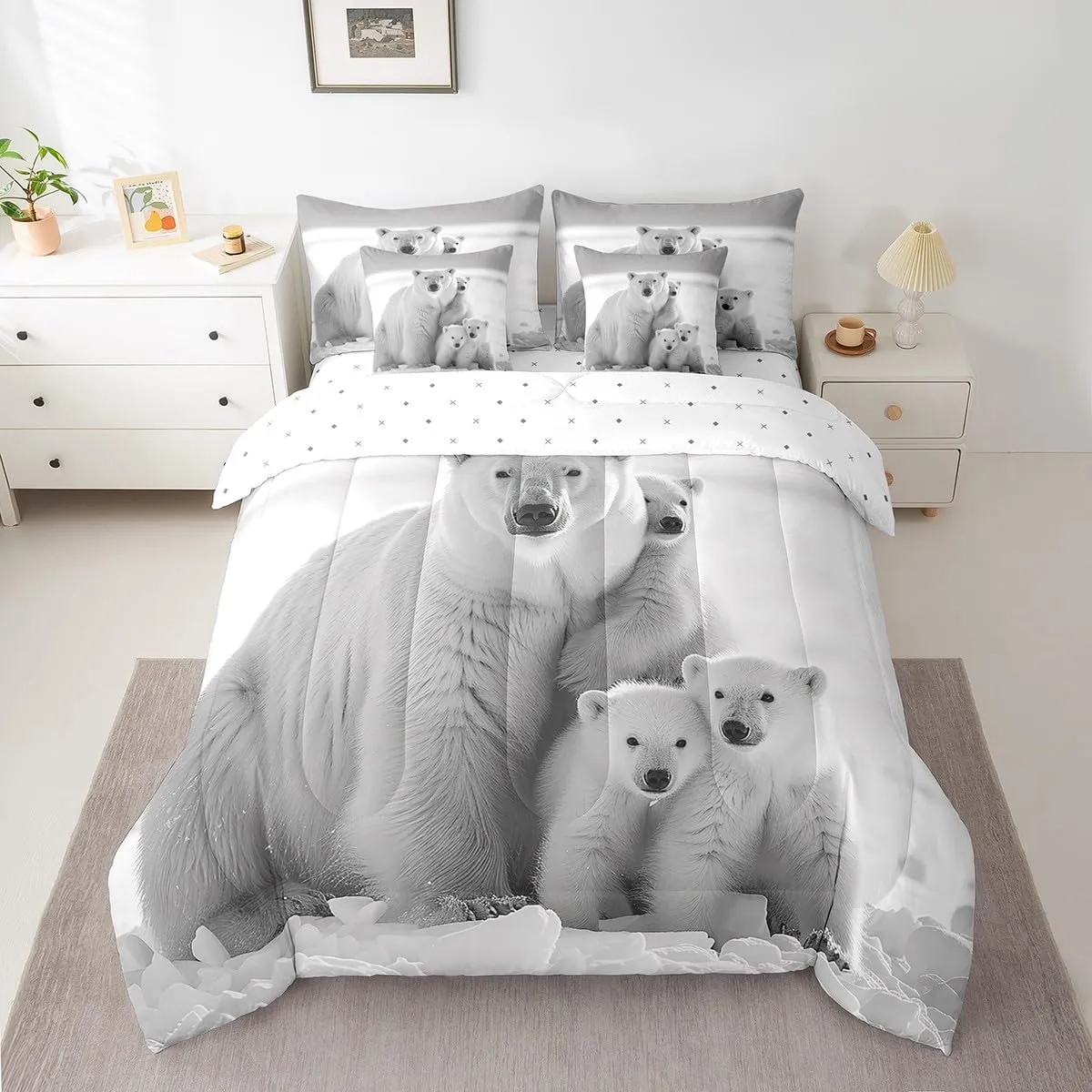 Polar Bear Family 7 Pcs Bedding Set Queen Size Soft Microfiber Reversible White and Gray Comforter Set with Sheets for Adult Kids Boys Girls Teens Polar Bear Bed in a Bag Arctic Scenery Bed Set