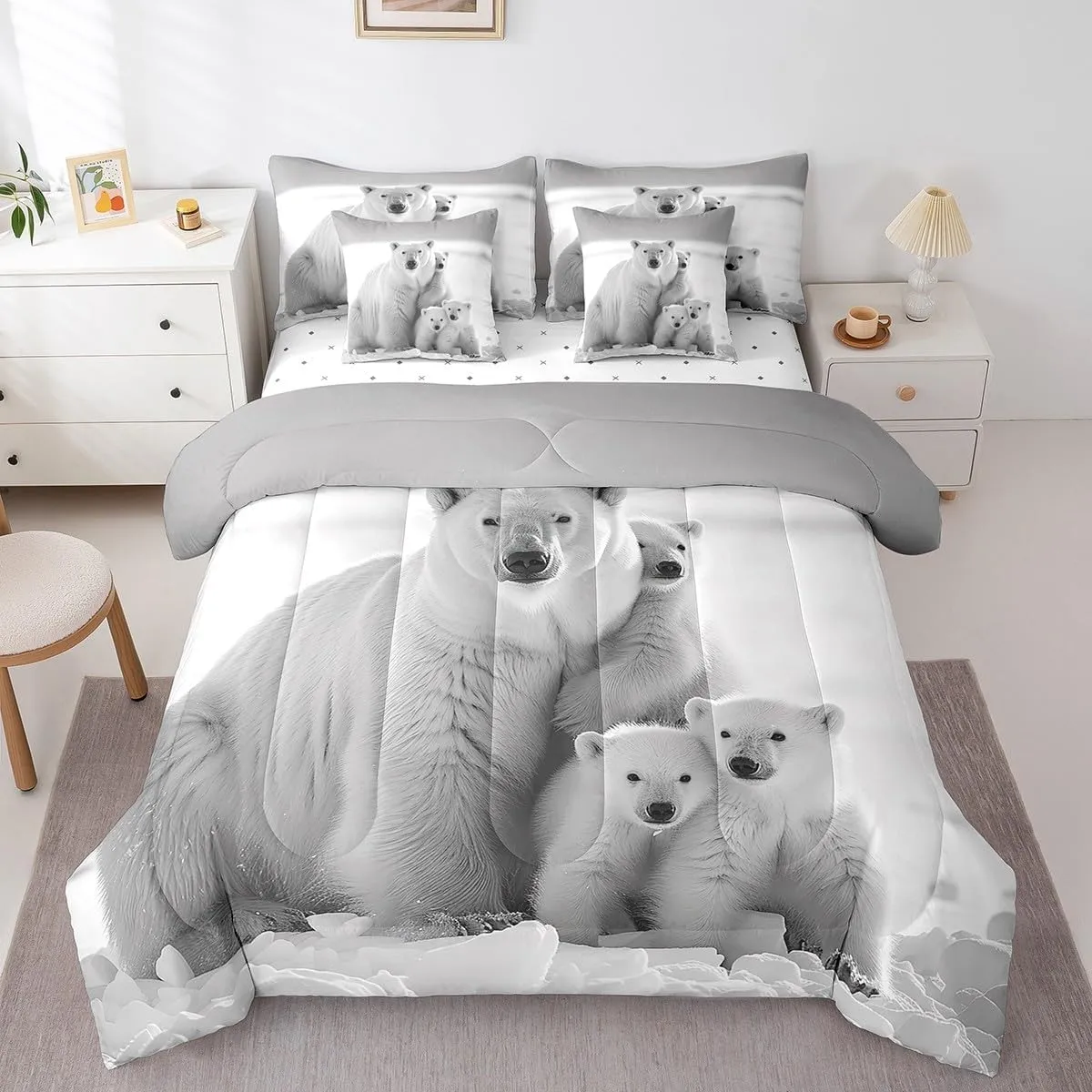 Polar Bear Family 7 Pcs Bedding Set Queen Size Soft Microfiber Reversible White and Gray Comforter Set with Sheets for Adult Kids Boys Girls Teens Polar Bear Bed in a Bag Arctic Scenery Bed Set