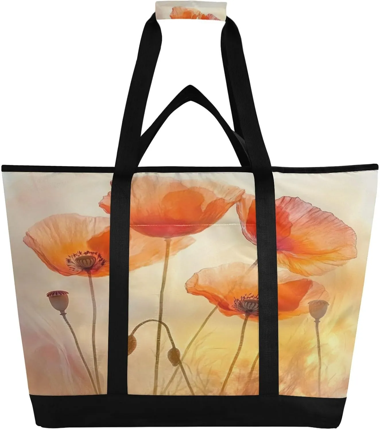 Poppy Flowers Reusable Insulated Lunchbox Cooler Bag, Leakproof Kitchen Grocery Bag Collapsible Portable Cooler Tote Bag for Picnic, Camping, Office, Travel