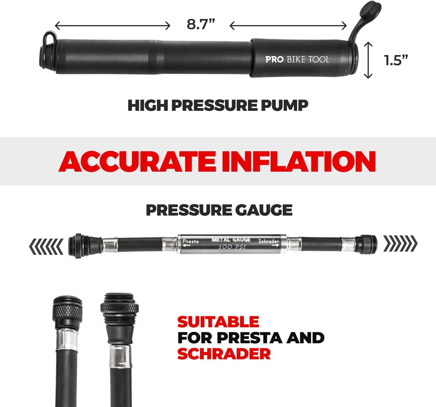 Pro-Bike Tool Mini Bike Pump with Gauge - Fits Presta & Schrader - Accurate Inflation - Mount Kit incl. - 100 PSI