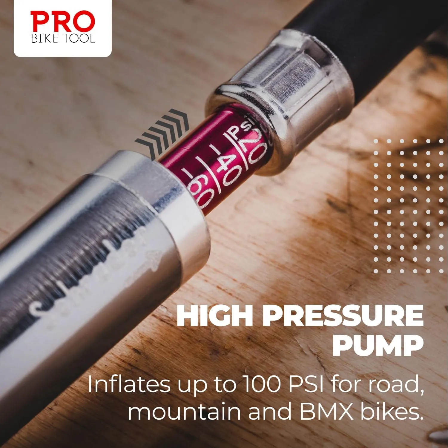 Pro-Bike Tool Mini Bike Pump with Gauge - Fits Presta & Schrader - Accurate Inflation - Mount Kit incl. - 100 PSI