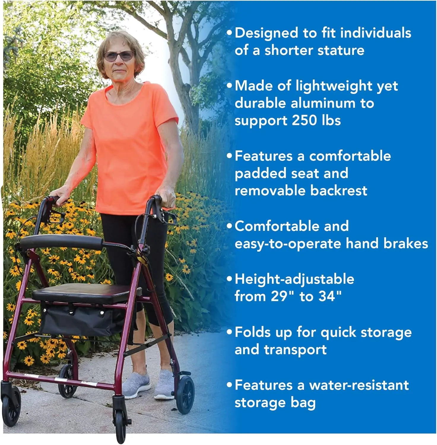Probasics Junior Aluminum Rollator with 6 Inch Wheels, 250 Pound Weight Capacity, Burgundy, Medical Walker