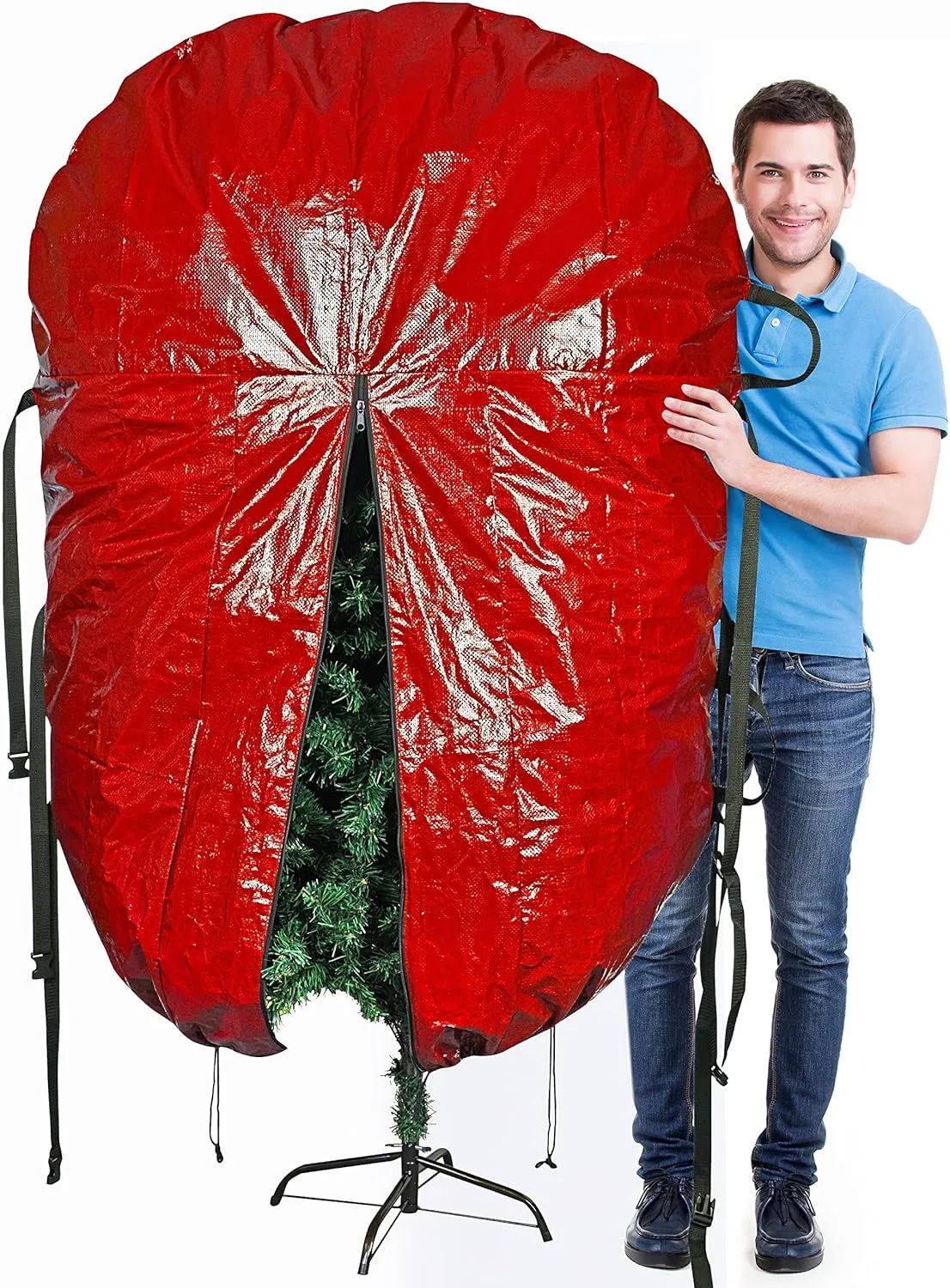 ProPik Upright Christmas Tree Storage Bag- Fits 6 Ft. Xmas Tree - Heavy Duty Polyethylene, Waterproof Bag - Reusable, Adjustable, Zipper Closure, Ergonomic Handles for Transportation (6ft, Red)