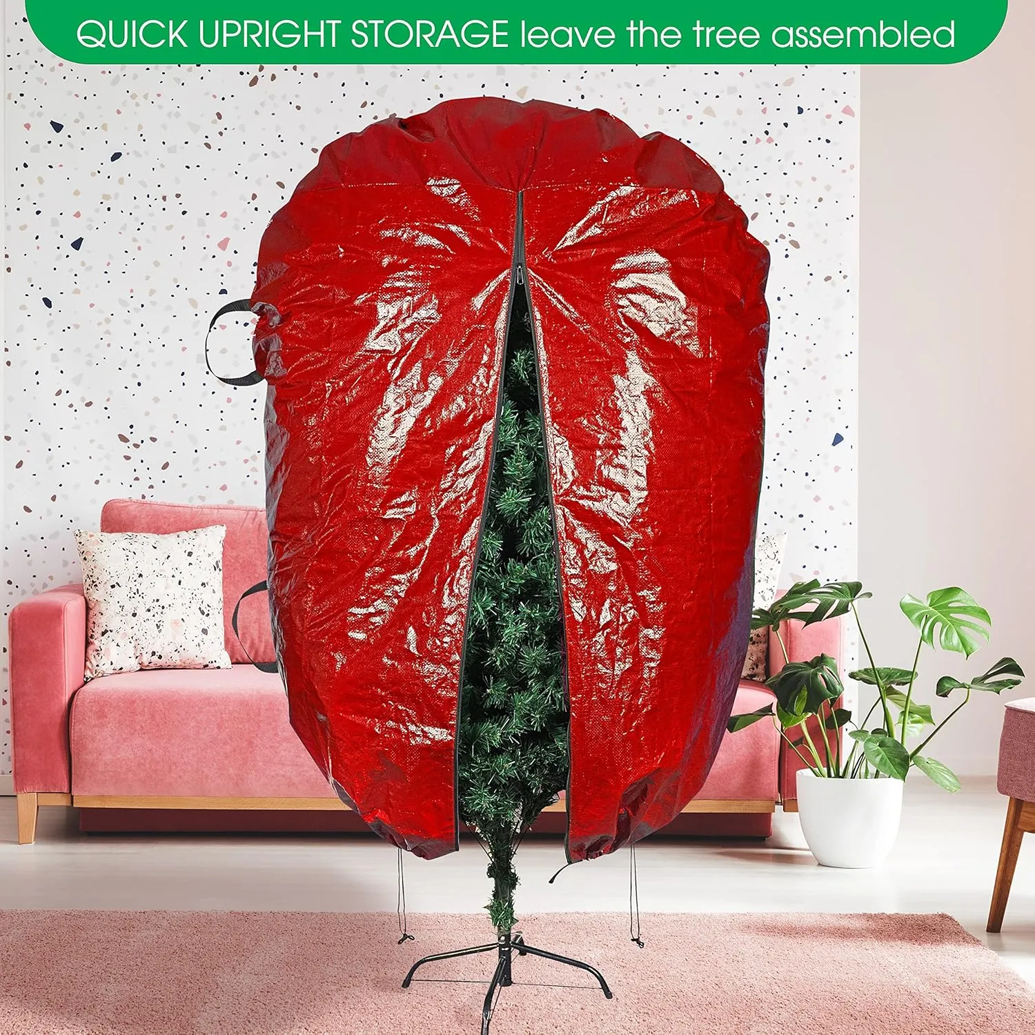ProPik Upright Christmas Tree Storage Bag- Fits 6 Ft. Xmas Tree - Heavy Duty Polyethylene, Waterproof Bag - Reusable, Adjustable, Zipper Closure, Ergonomic Handles for Transportation (6ft, Red)