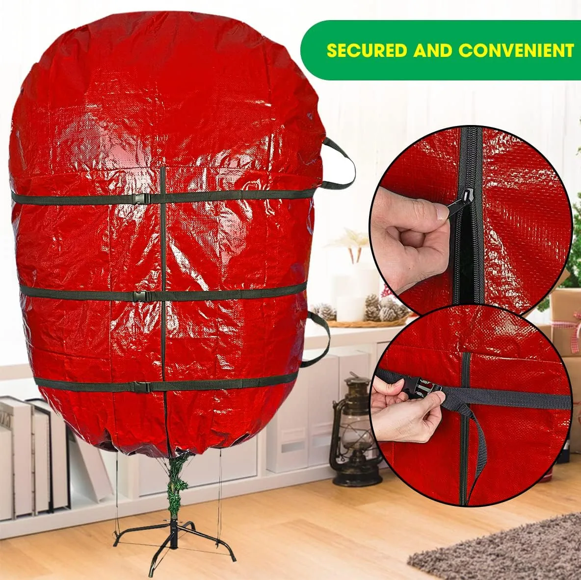 ProPik Upright Christmas Tree Storage Bag- Fits 6 Ft. Xmas Tree - Heavy Duty Polyethylene, Waterproof Bag - Reusable, Adjustable, Zipper Closure, Ergonomic Handles for Transportation (6ft, Red)
