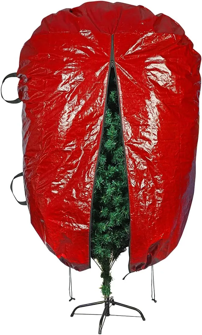 ProPik Upright Christmas Tree Storage Bag- Fits 6 Ft. Xmas Tree - Heavy Duty Polyethylene, Waterproof Bag - Reusable, Adjustable, Zipper Closure, Ergonomic Handles for Transportation (6ft, Red)