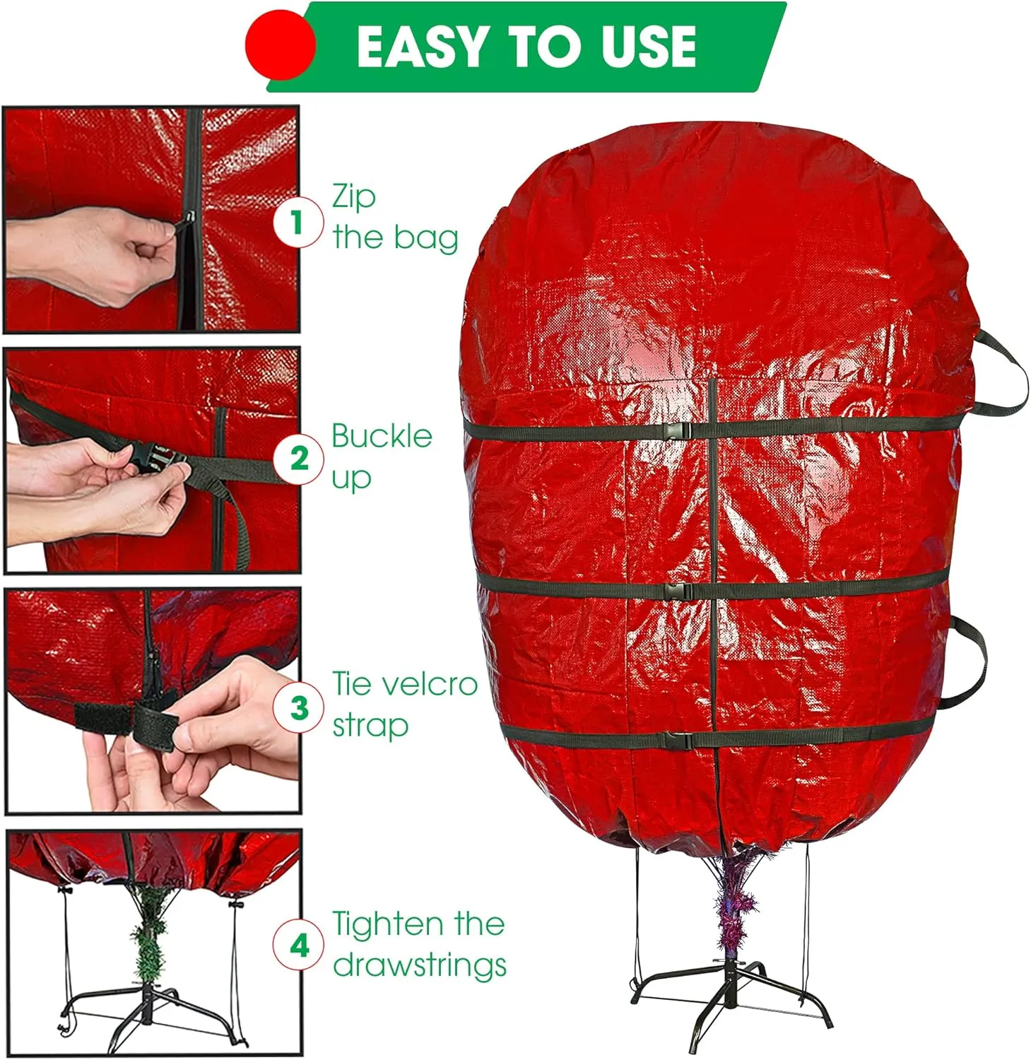 ProPik Upright Christmas Tree Storage Bag- Fits 6 Ft. Xmas Tree - Heavy Duty Polyethylene, Waterproof Bag - Reusable, Adjustable, Zipper Closure, Ergonomic Handles for Transportation (6ft, Red)