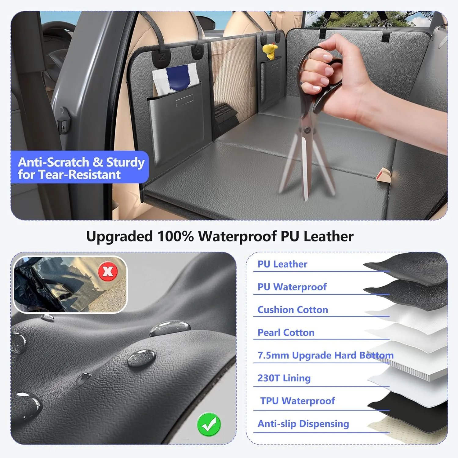 PU Leather Back Seat Extender for Dogs, Hard Bottom Dog Car Seat Cover for Back Seat, Anti-Scratch Backseat Pet Cover for Dogs, Waterproof Dog Hammock for Car, SUV, Truck, Grey