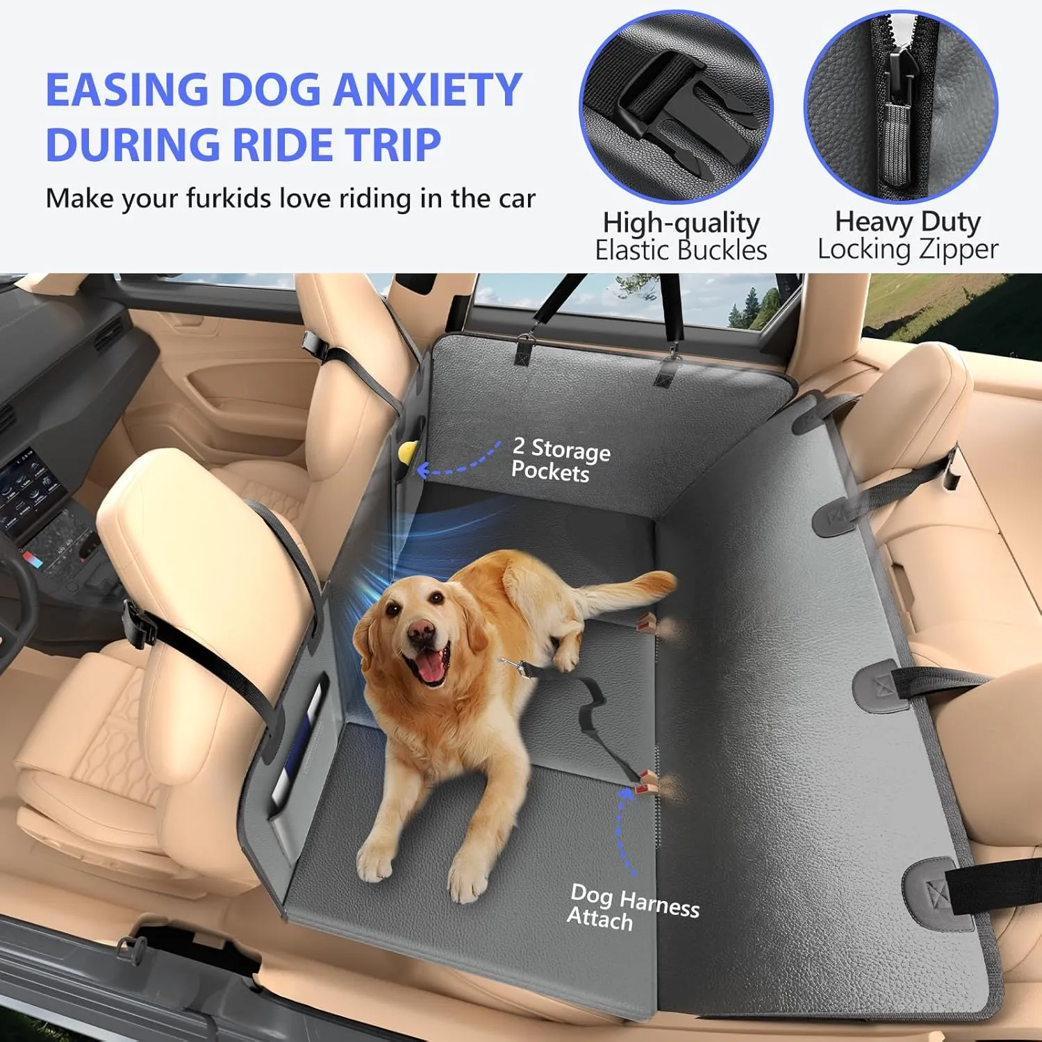 PU Leather Back Seat Extender for Dogs, Hard Bottom Dog Car Seat Cover for Back Seat, Anti-Scratch Backseat Pet Cover for Dogs, Waterproof Dog Hammock for Car, SUV, Truck, Grey