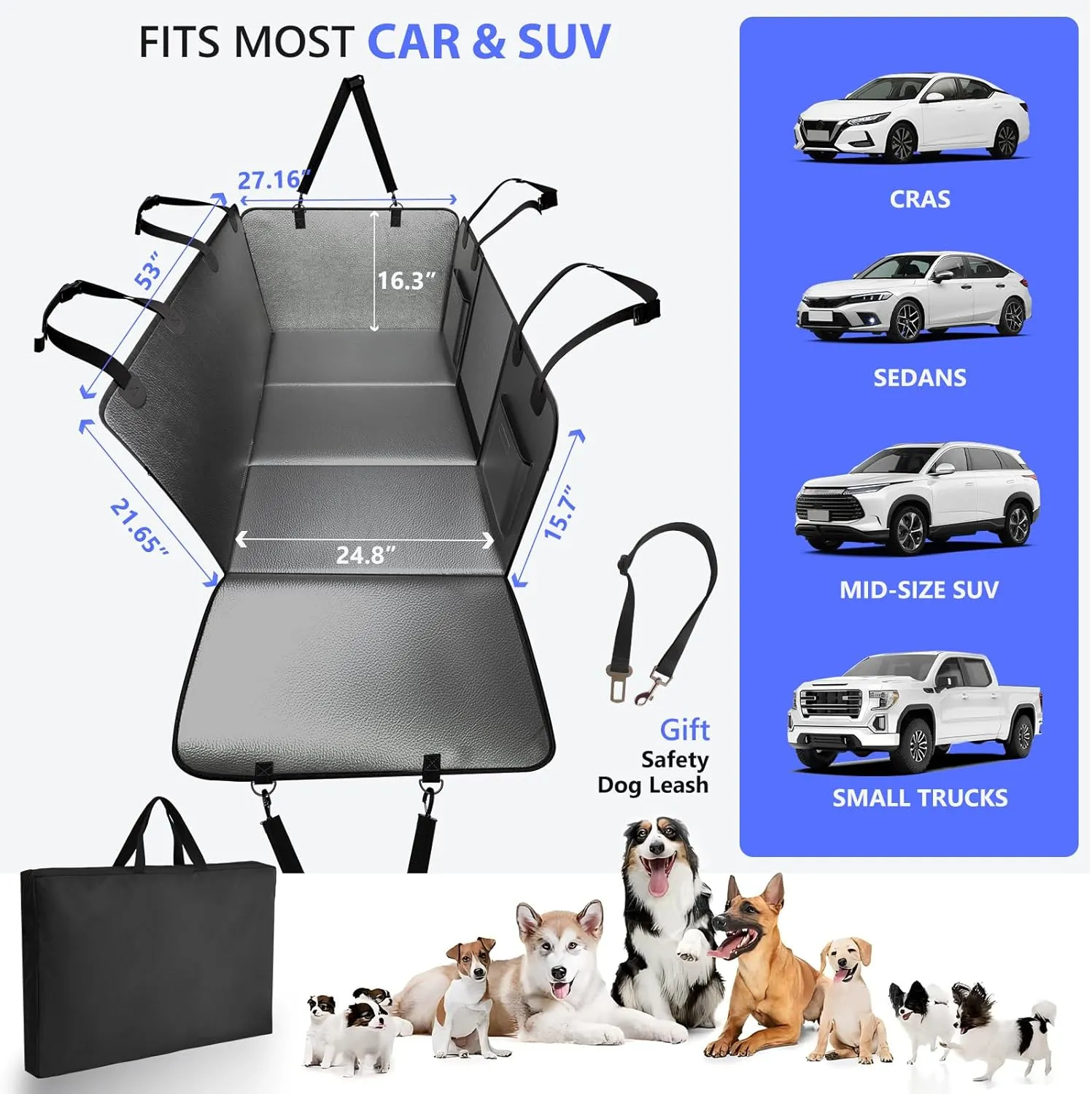 PU Leather Back Seat Extender for Dogs, Hard Bottom Dog Car Seat Cover for Back Seat, Anti-Scratch Backseat Pet Cover for Dogs, Waterproof Dog Hammock for Car, SUV, Truck, Grey