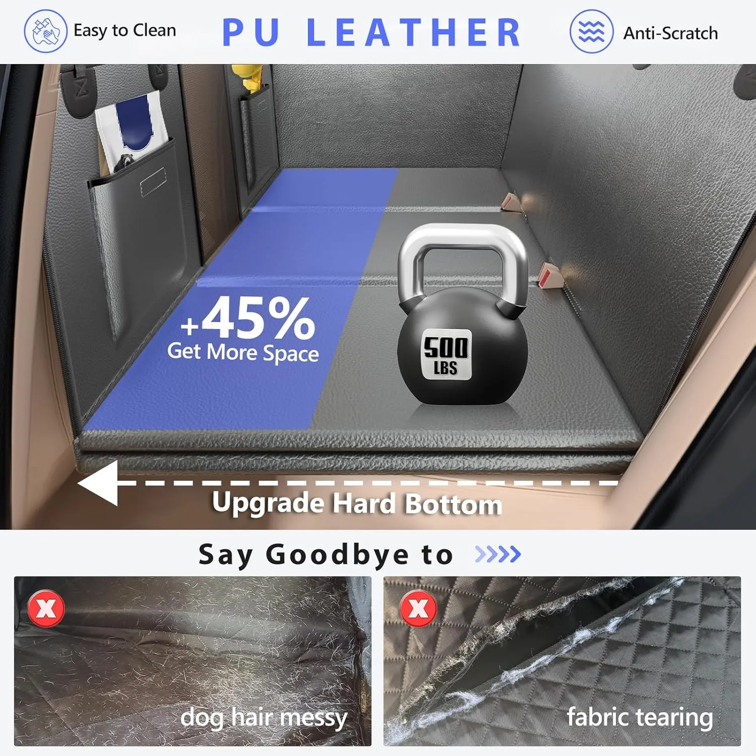 PU Leather Back Seat Extender for Dogs, Hard Bottom Dog Car Seat Cover for Back Seat, Anti-Scratch Backseat Pet Cover for Dogs, Waterproof Dog Hammock for Car, SUV, Truck, Grey