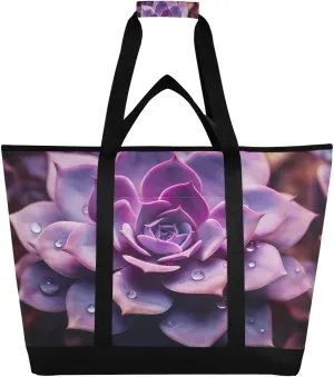 Purple Succulents Tropical Plants Tote Bag for Women with Zipper Reusable Grocery Bags Foldable Insulated Cooler Bag Totes Handbags Shopping Bags for Groceries Beach Travel Work Picnic