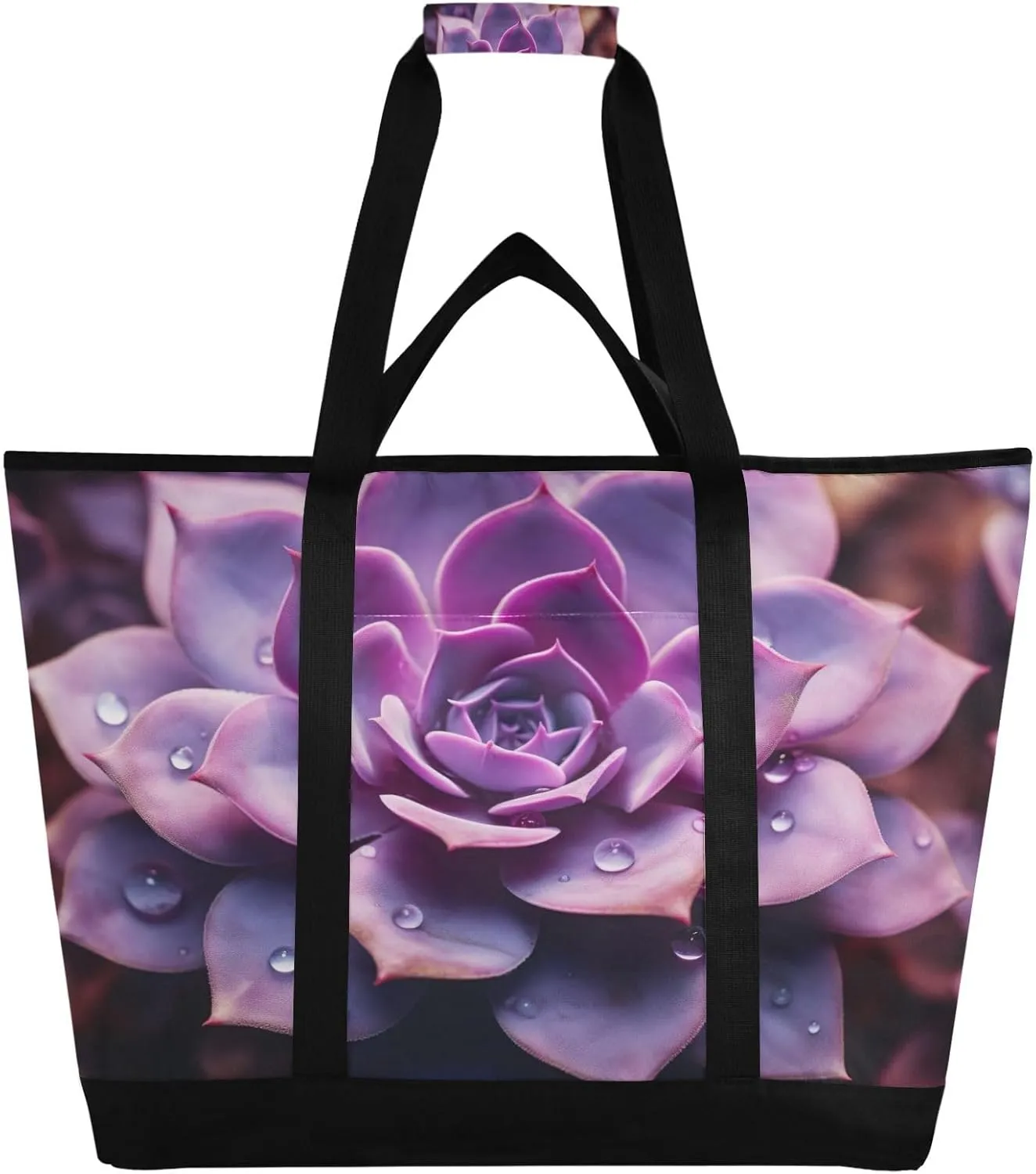 Purple Succulents Tropical Plants Tote Bag for Women with Zipper Reusable Grocery Bags Foldable Insulated Cooler Bag Totes Handbags Shopping Bags for Groceries Beach Travel Work Picnic