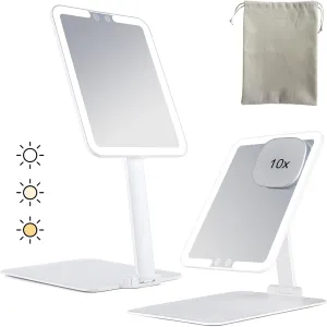 Rechargeable Travel Makeup Mirror with Lights and Magnification 10X, Foldable Stand with Adjustable Height & Angle, 3 Light Colors & Stepless Dimming LED Lighted Vanity Mirror