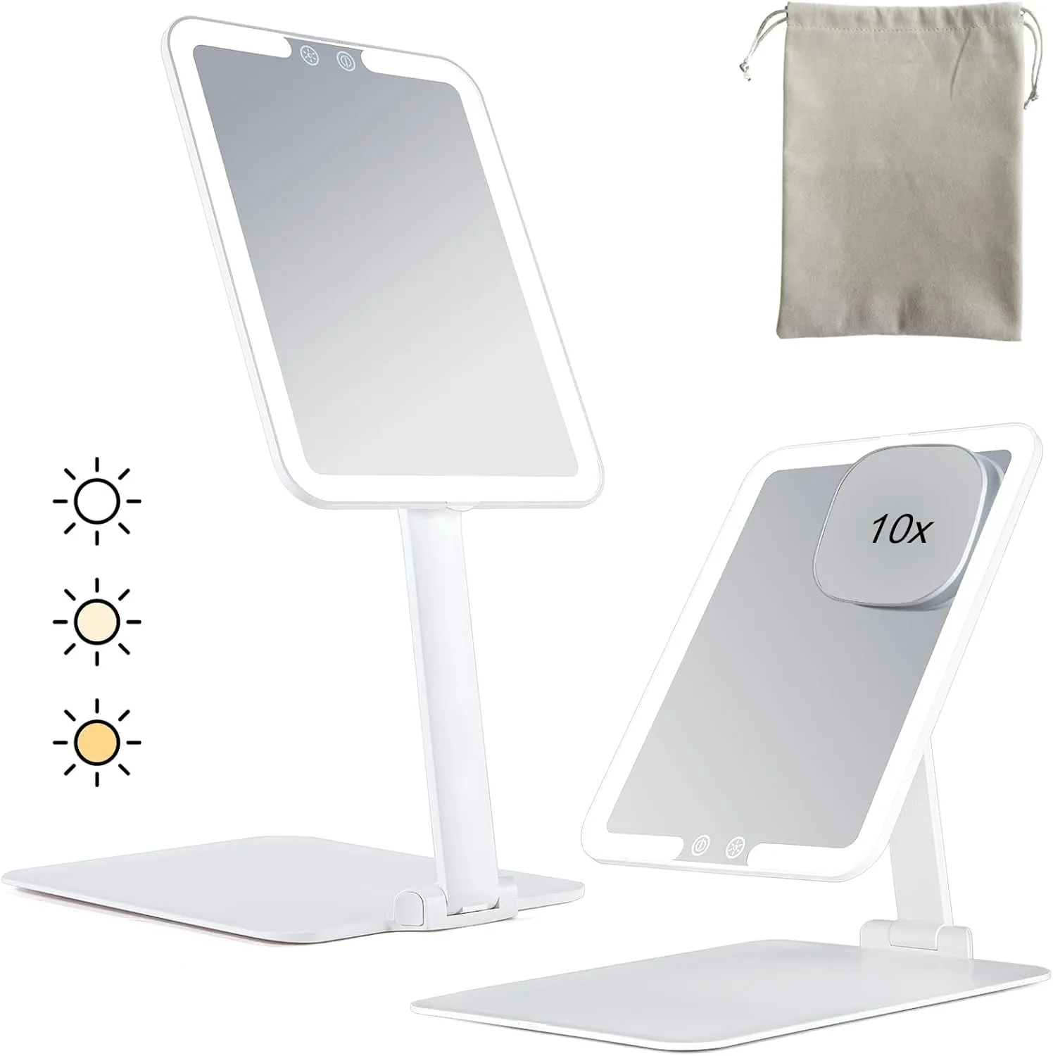 Rechargeable Travel Makeup Mirror with Lights and Magnification 10X, Foldable Stand with Adjustable Height & Angle, 3 Light Colors & Stepless Dimming LED Lighted Vanity Mirror