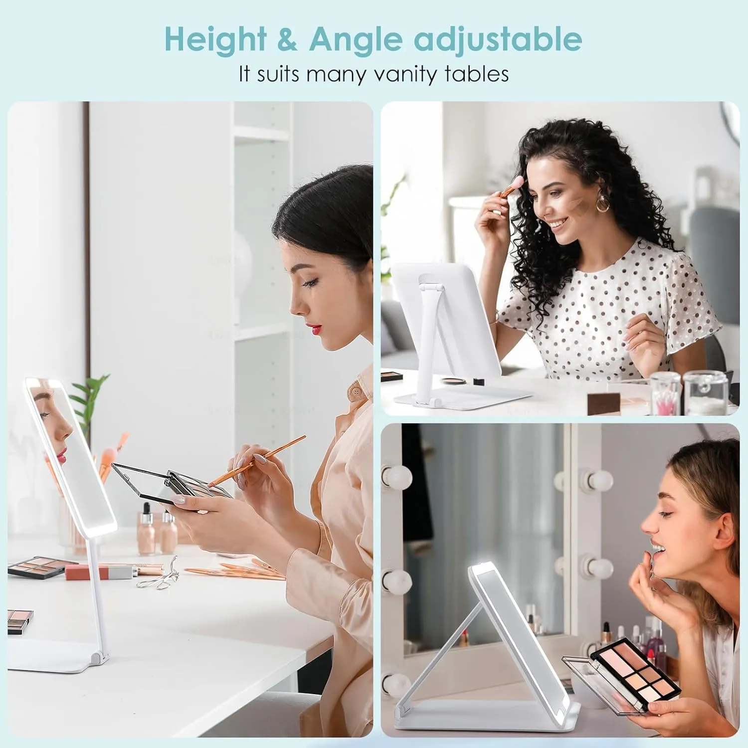 Rechargeable Travel Makeup Mirror with Lights and Magnification 10X, Foldable Stand with Adjustable Height & Angle, 3 Light Colors & Stepless Dimming LED Lighted Vanity Mirror