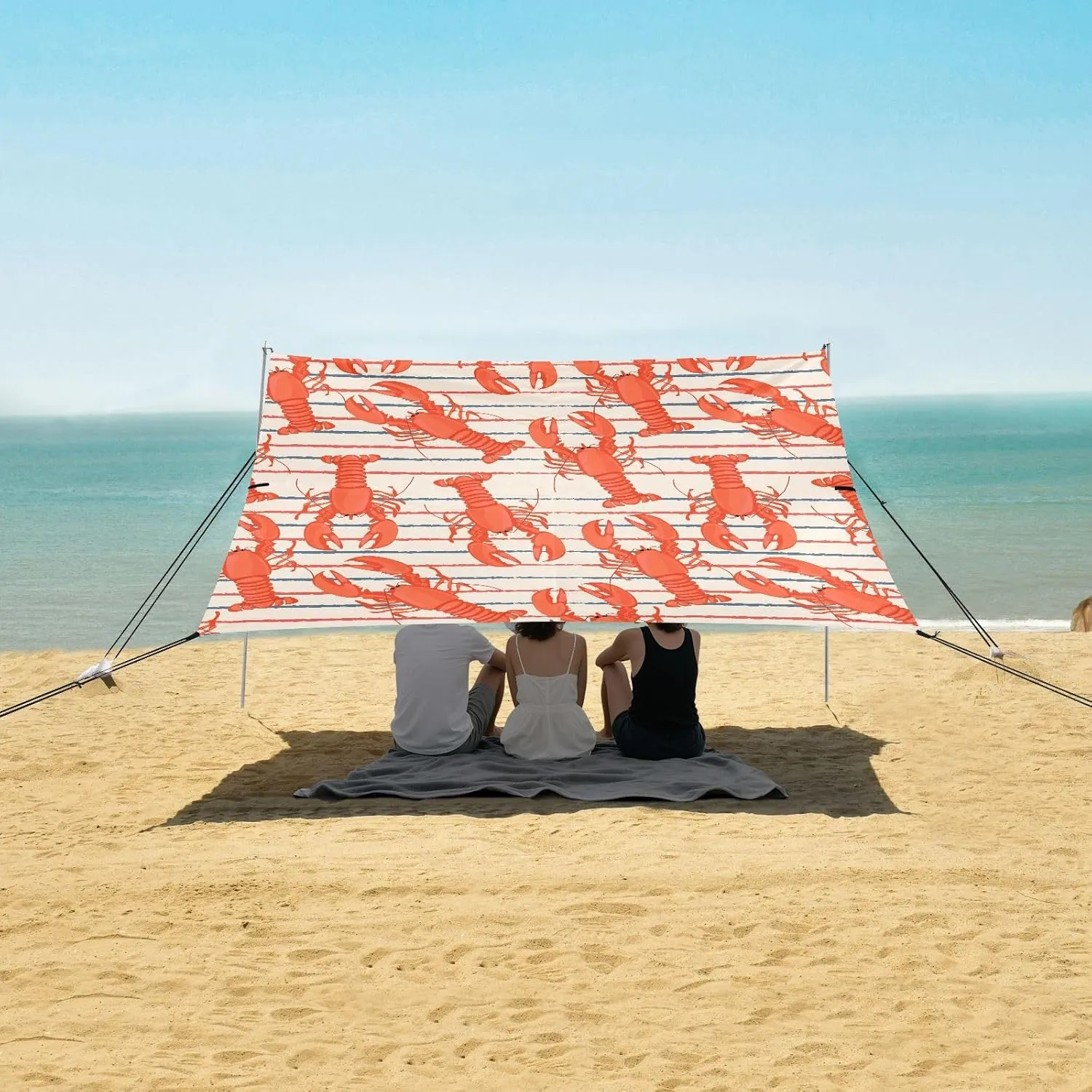 Red Lobster Beach Camping Tent Sun Shelter for Whole Family, Retro Marine Beach Shade Canopy with UPF50  UV Protection,Easy Set Up and Carry,Outdoor Shade for Trips, Fishing, Backyard Fun Picnic