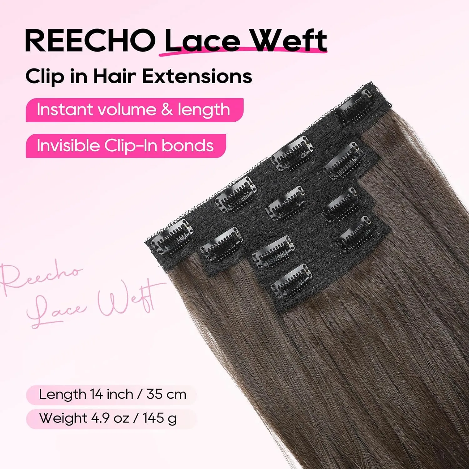 REECHO Clip-in Hair Extensions, 4PCS Lace Weft, 14" Short Wavy, Invisible, Natural Soft Hairpieces for Women, Chocolate Brown