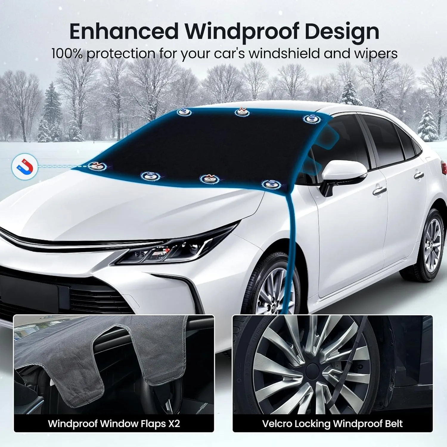 REEVAA 2025 Upgraded Car Windshield Cover for Ice & Snow [All-Weather Protection] Magnetic Fit Weatherproof Frost Cover, Car Winter Accessories, Fit for SUVs, Trucks, Sedans - Medium (69''x48'')