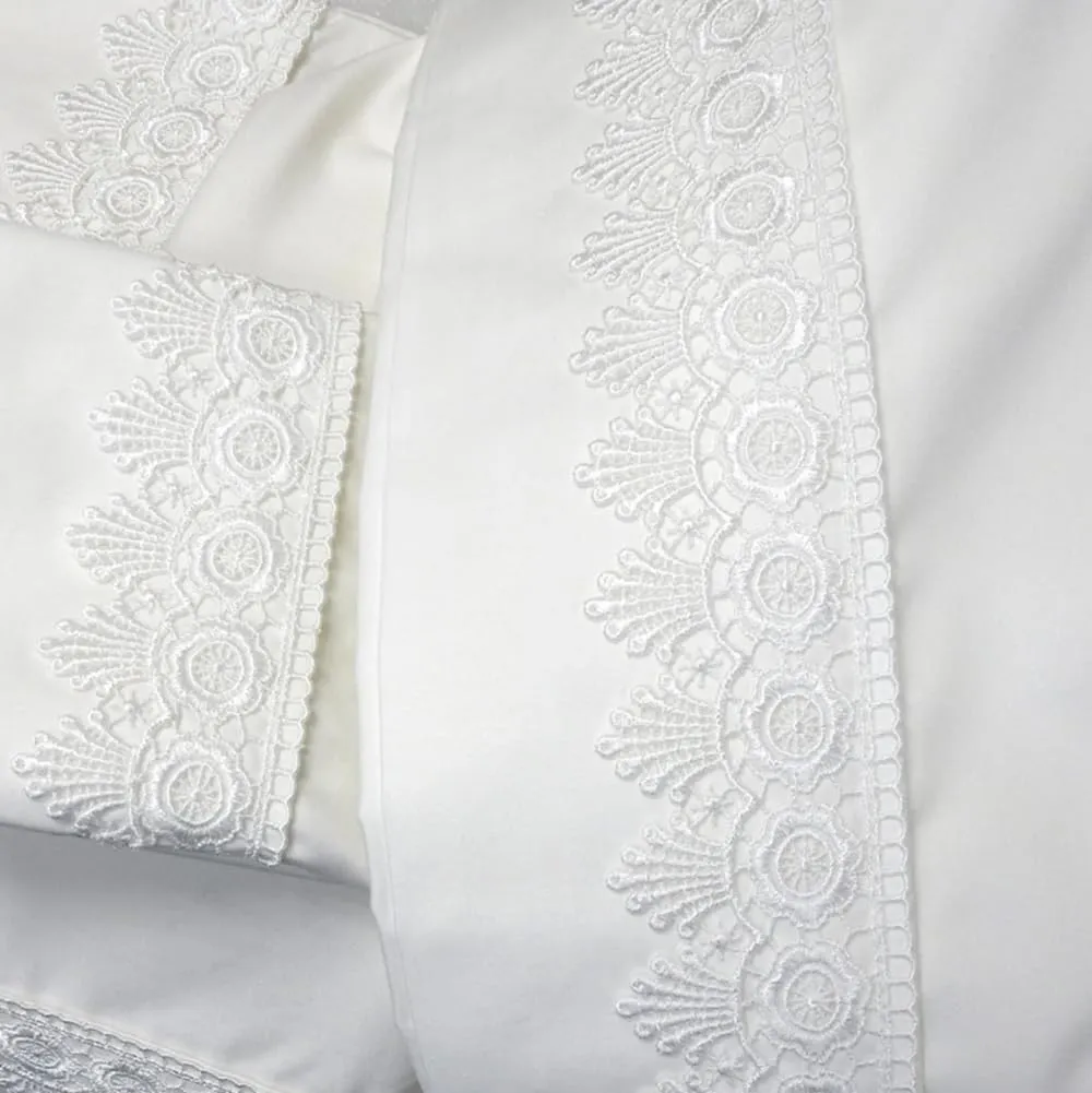 Royal Tradition Made in USA- Soft Cotton Bed Sheets, Embroidered White Alejandra Queen Size Sheet Set