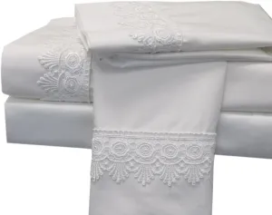 Royal Tradition Made in USA- Soft Cotton Bed Sheets, Embroidered White Alejandra Queen Size Sheet Set