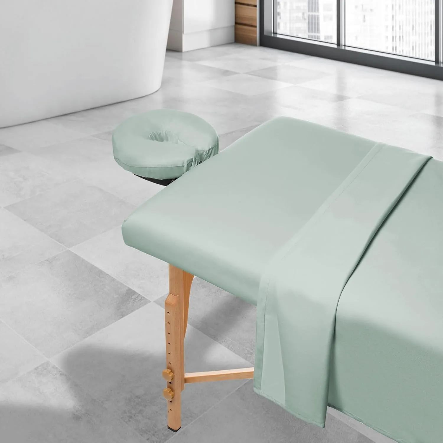 Saloniture 3-Piece Microfiber Massage Table Sheet Set - Premium Facial Bed Cover - Includes Flat and Fitted Sheets with Face Cradle Cover - Seafoam Green