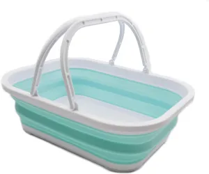 SAMMART 12L (3.17 Gallon) Collapsible Tub with Handle - Portable Outdoor Picnic Basket/Crate - Foldable Shopping Bag - Space Saving Storage Container (1, White/Lake Green)