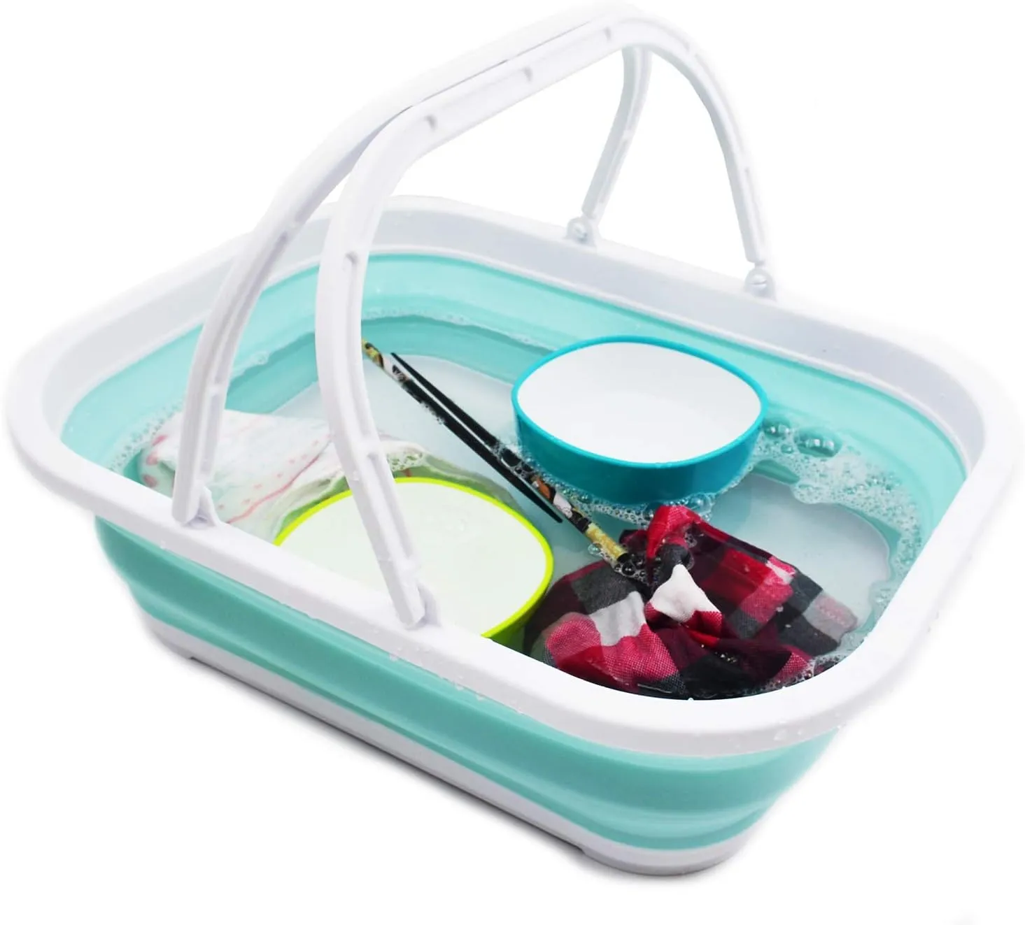 SAMMART 12L (3.17 Gallon) Collapsible Tub with Handle - Portable Outdoor Picnic Basket/Crate - Foldable Shopping Bag - Space Saving Storage Container (1, White/Lake Green)