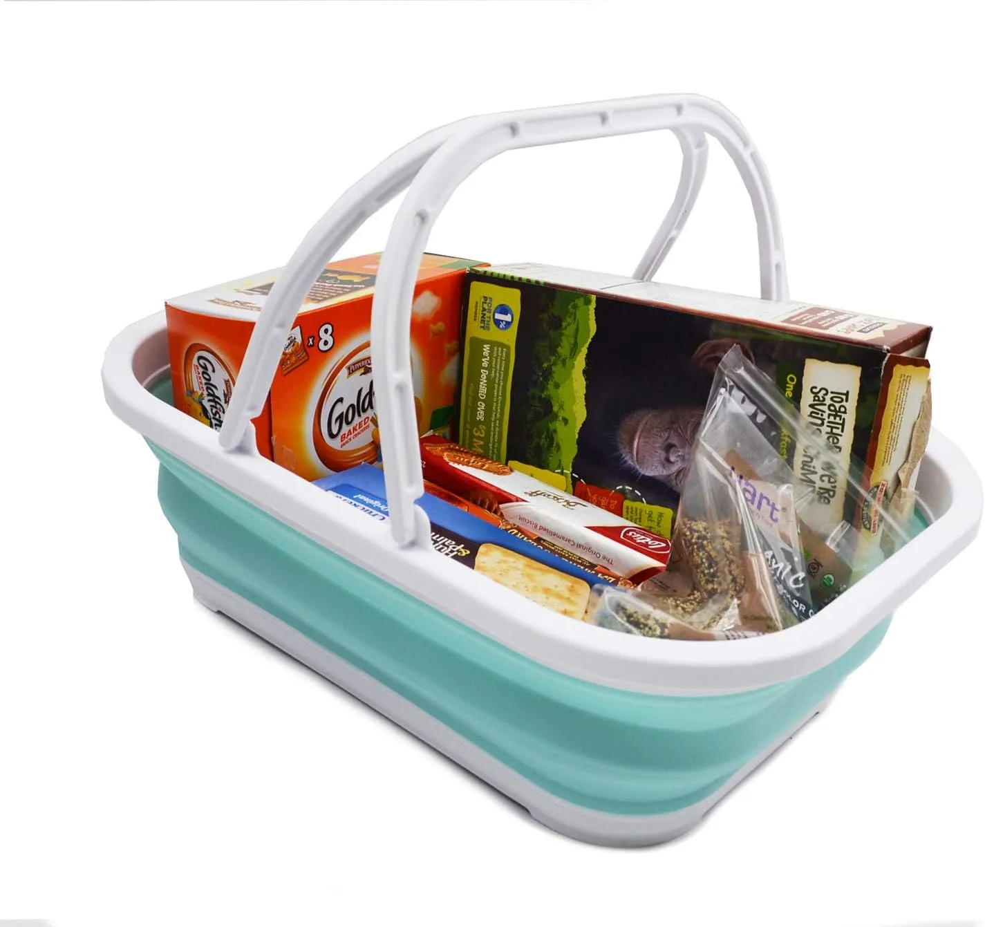 SAMMART 12L (3.17 Gallon) Collapsible Tub with Handle - Portable Outdoor Picnic Basket/Crate - Foldable Shopping Bag - Space Saving Storage Container (1, White/Lake Green)
