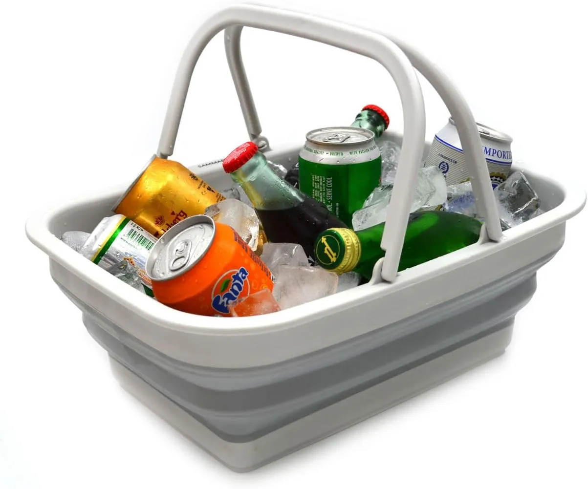 SAMMART 9.2L Set of 2 Collapsible Tub & Basket - Portable Outdoor Picnic Basket/Crater - Foldable Shopping Bag - Space Saving Storage Container (Grey   Grey, 2)