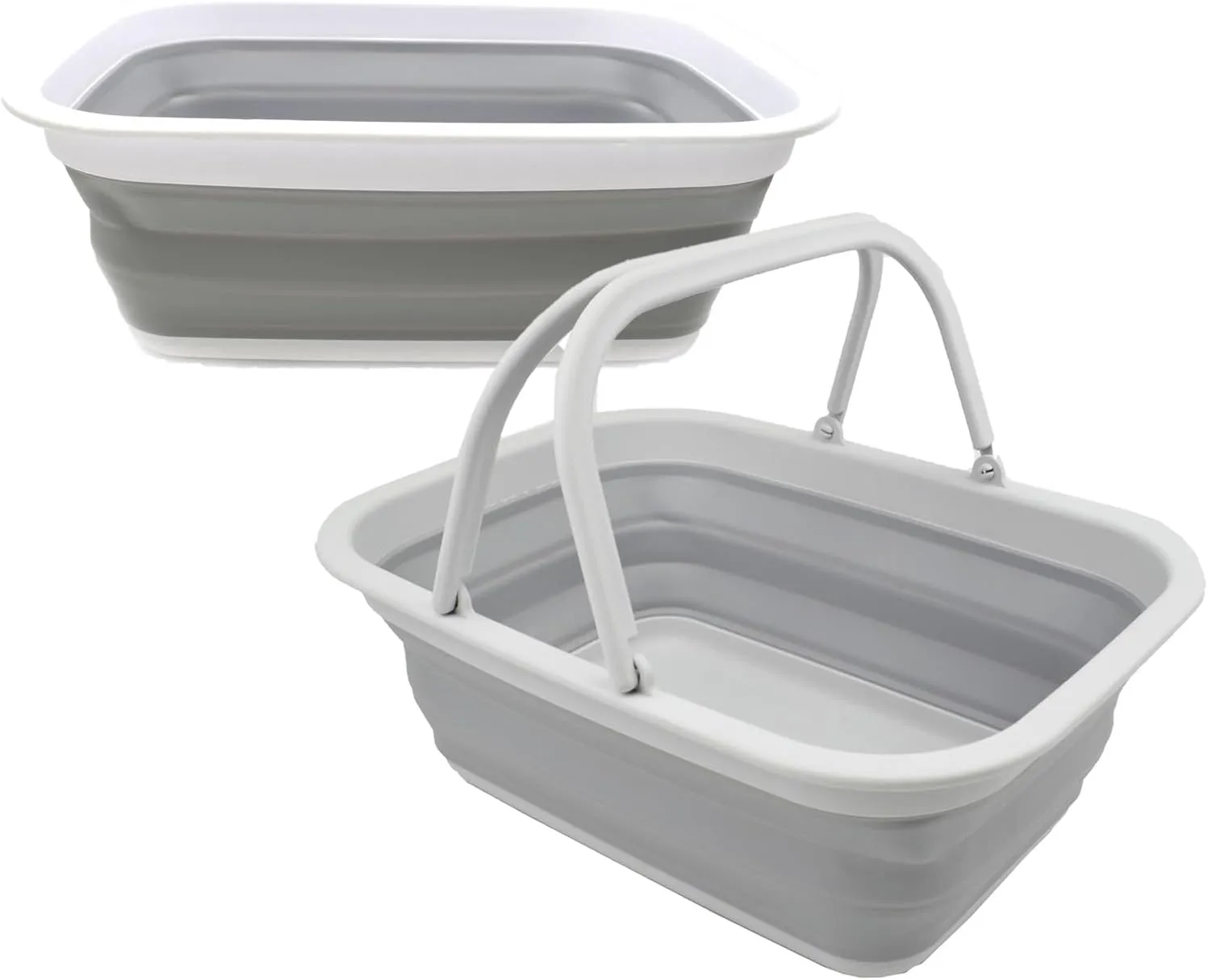 SAMMART 9.2L Set of 2 Collapsible Tub & Basket - Portable Outdoor Picnic Basket/Crater - Foldable Shopping Bag - Space Saving Storage Container (Grey   Grey, 2)