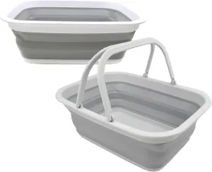 SAMMART 9.2L Set of 2 Collapsible Tub & Basket - Portable Outdoor Picnic Basket/Crater - Foldable Shopping Bag - Space Saving Storage Container (Grey   Grey, 2)