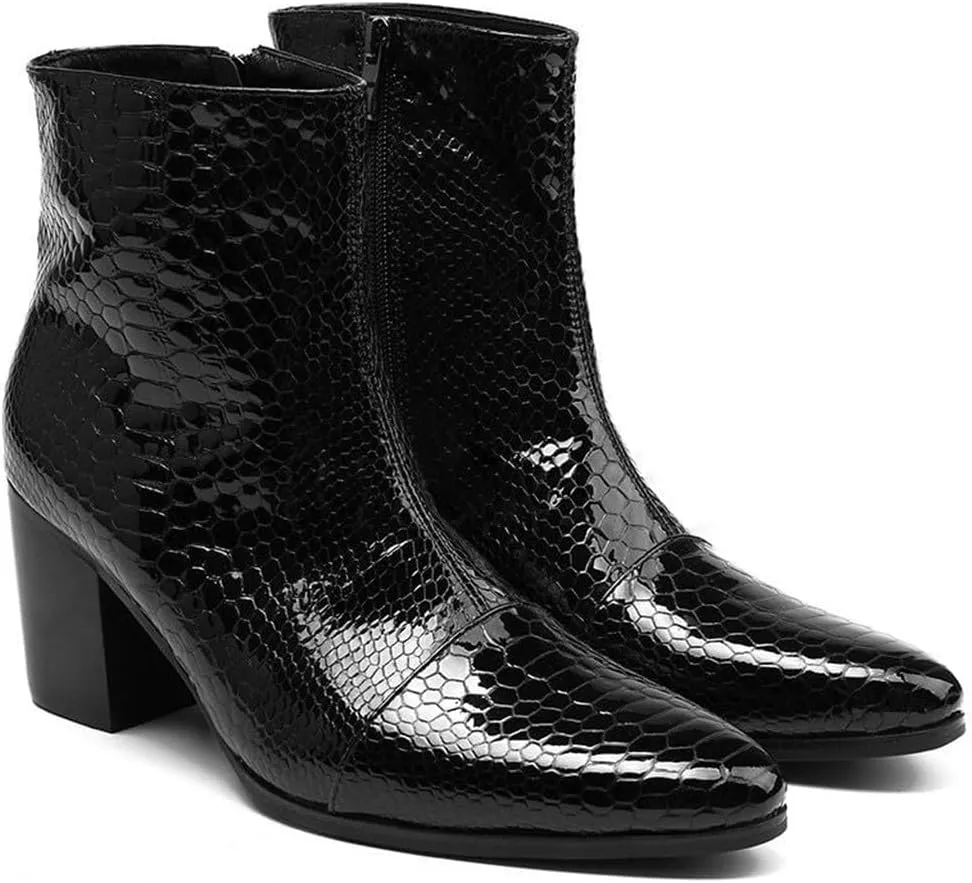 Santimon Mens Boots Casual Patent Leather Chelsea Dress Boots Zipper on Side Mid Calf Boots for Men