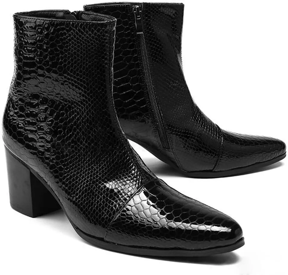 Santimon Mens Boots Casual Patent Leather Chelsea Dress Boots Zipper on Side Mid Calf Boots for Men